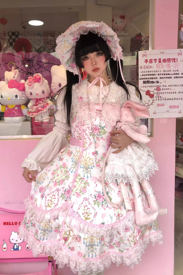 Ivory & Pink Sleeveless Floral Wall Print Lace Bow Sweet Lolita JSK Dress