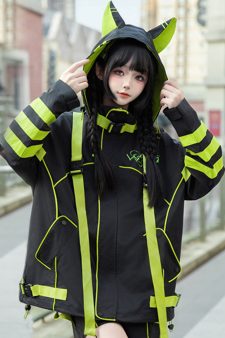 Yellow/Green/Black Long Sleeve Cat Ear Hooded Jirai Kei Coat