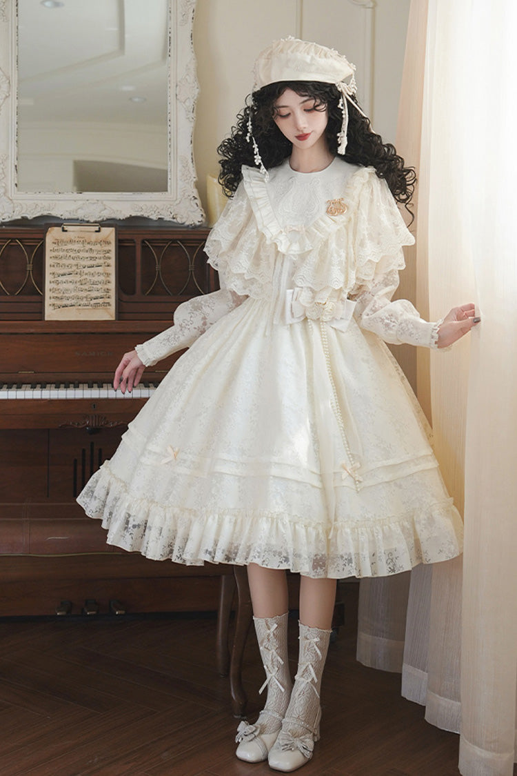 Cream Flower Sound Long Sleeve Frilled Cardigan Bow Lace Sweet Lolita Dress