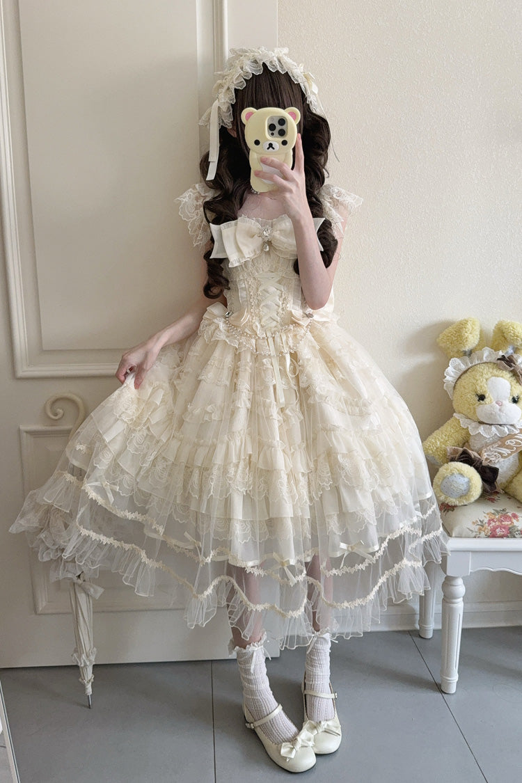 Elegant Apricot Sleeveless Tiered Ruffle Lace-Up Bow Sweet Lolita JSK Gown