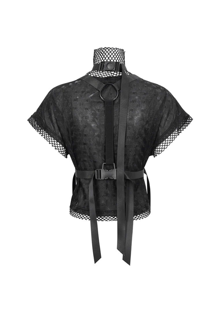 Punk Mesh Tee with Diamond Pattern and High Collar