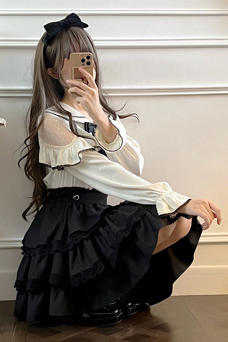 Sailor Collar Multi-Layered Ruffle Bowknot Jirai Kei Skirt Set - Black/White