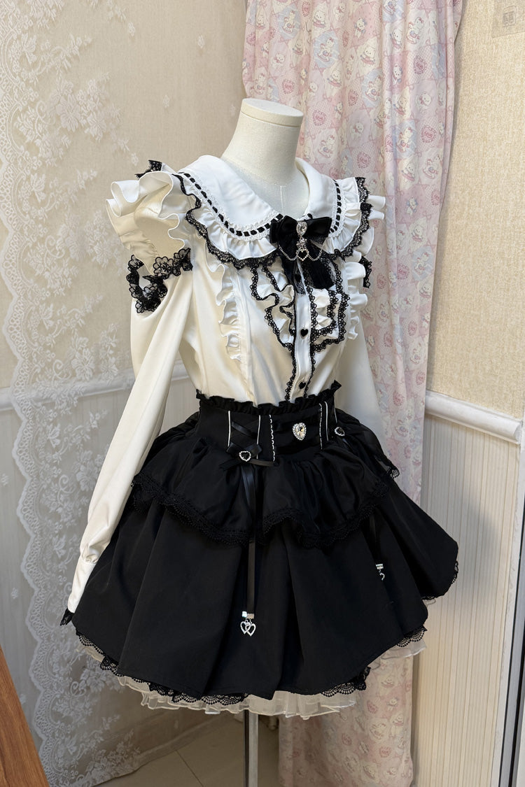 Monochrome Doll-Collar Ruffle Bow Sweet Jirai Kei Skirt Set