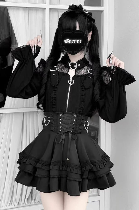 Stand Collar Sleeveless Ruffled Lace-Up Skirt and Blouse Set