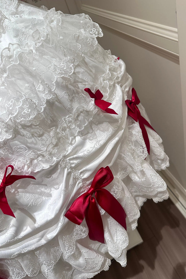 Ivory and Red Silk Gift Box Square Neck Sleeveless Layered Ruffled Bow Lace Sweet Lolita JSK