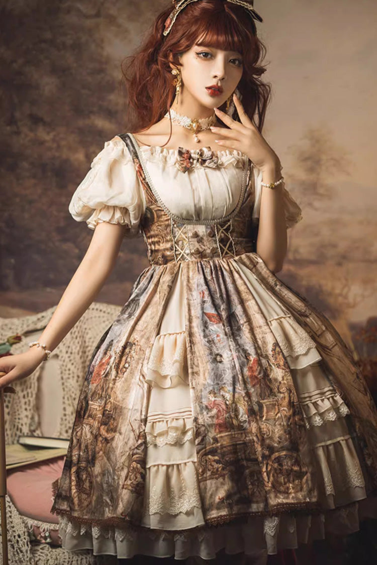 Oil Painting Bowknot Lace Elegant Palace JSK in Brown