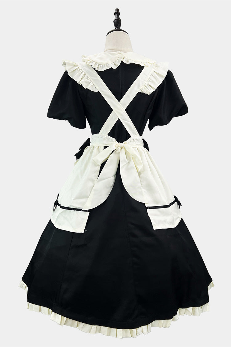 Black/White Long Sleeve Ruffled Bow Lace Plus Size Maid Dress