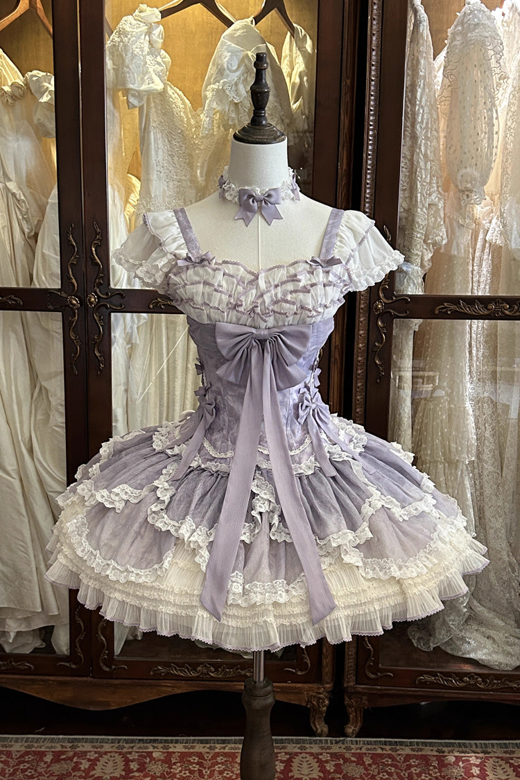 Floral Dream Violet Multi-Layered Ruffle Embroidery Lace-Up Ballet Lolita JSK - Floral Dream