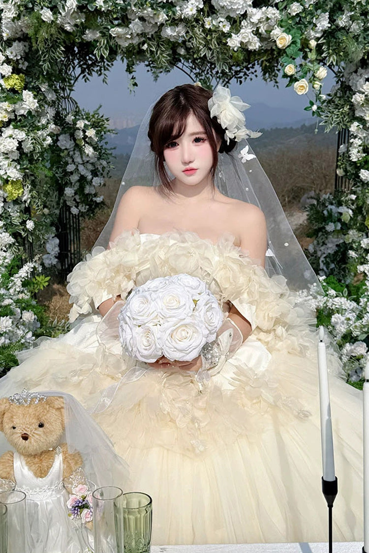 Apricot Sweet Lolita JSK Long Dress with Triple-Layer Ruffled Hanayome Bow Lace-Up and Sleeveless Design