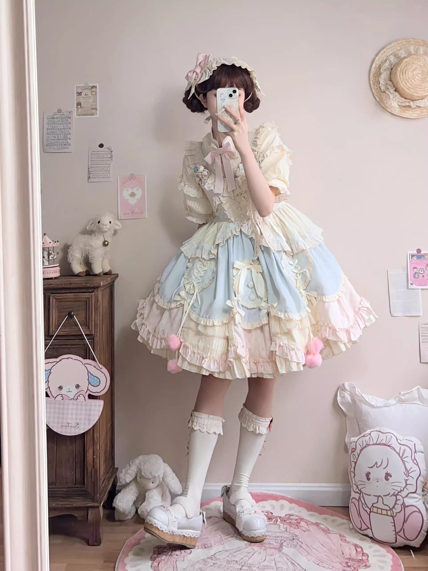 Sleeveless Multi-Layer Ruffle Bow Lace Sweet Lolita Jumper Dress Short - Multi Color