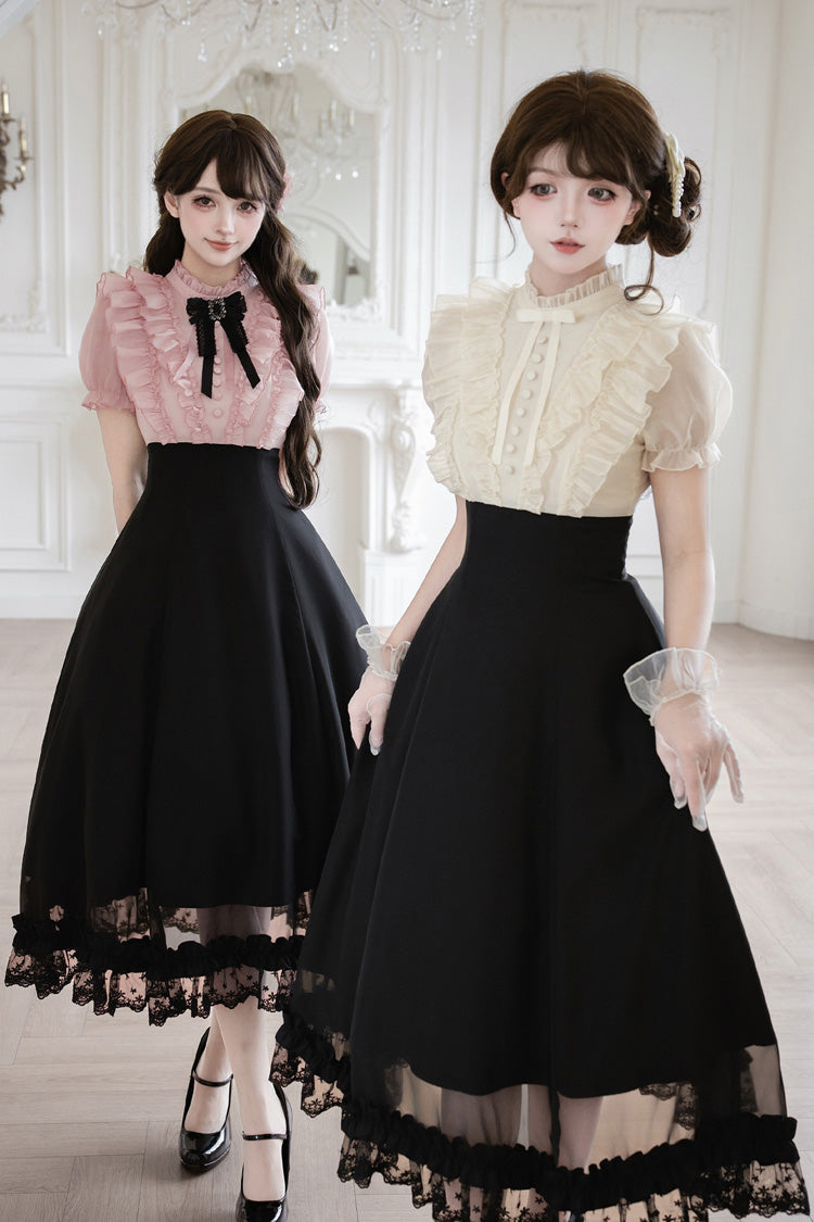 Miss Lola Snow Kiss Stand Collar Short Puff Sleeves Ruffled Color-Blocked Faux Two-Piece Sweet Lolita Long Dress 3 Colors - Black