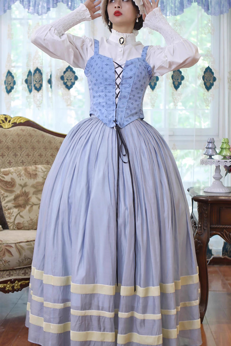 Light Blue Puffed Sleeve Corset Dress with Lace-Up and Fishbone Detail