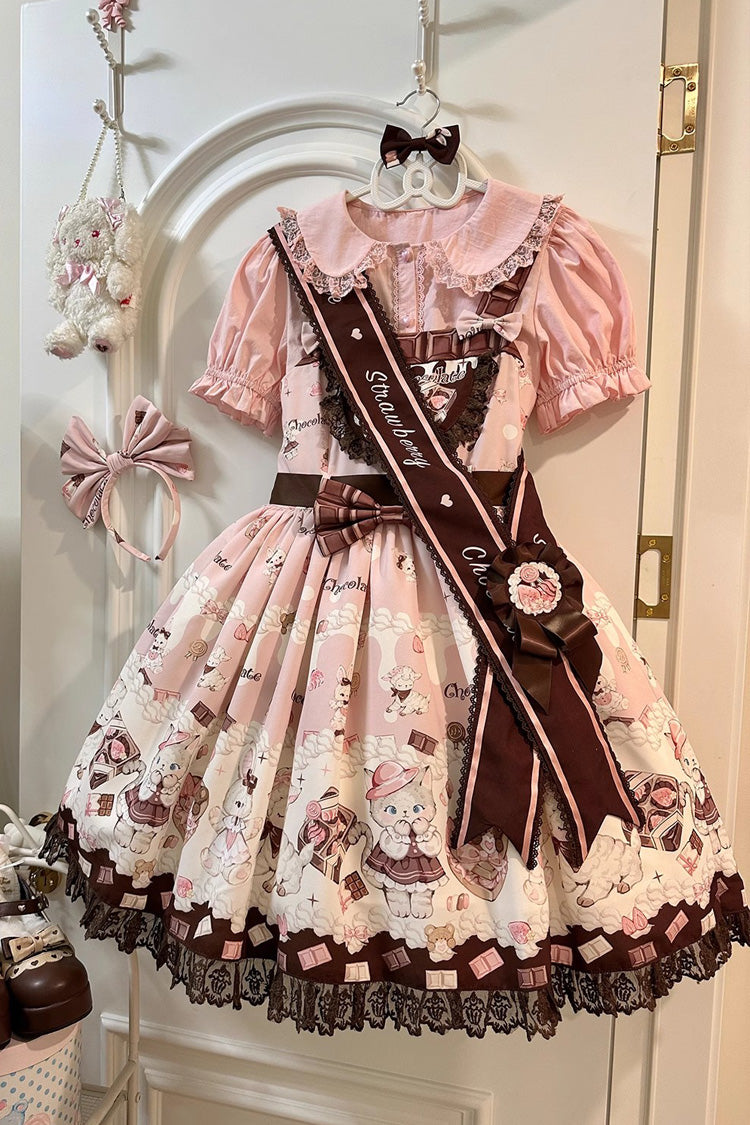 Chocolate Rosette Cat Printed Bow Stitching Lace Sweet Lolita JSK Dress