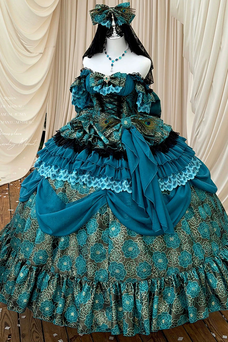 Peacock Sleeveless Ruffled Bow Lace-Up Elegant Lolita JSK - Blue/Green