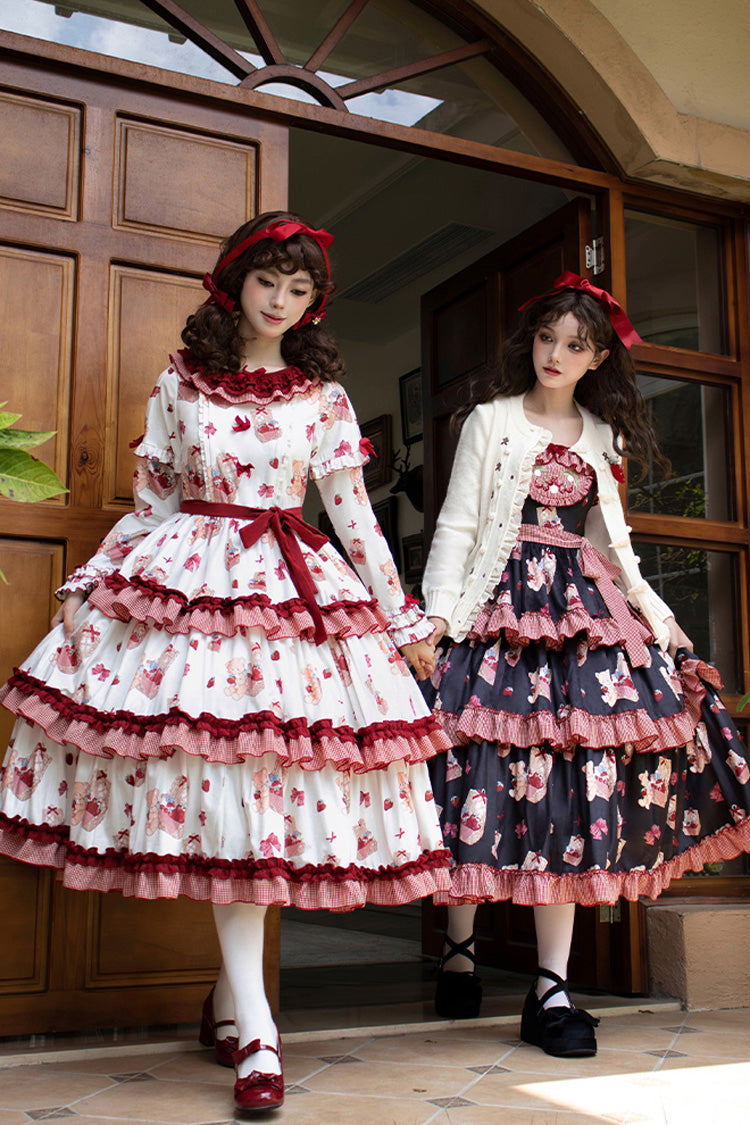 Blush Pink & White Berry Farm Print Long-Sleeve Layered Ruffled Sweet Lolita Gown