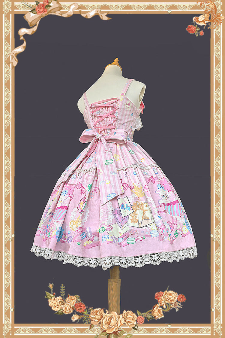 Pink Sleeveless Sweet Lolita JSK Dress Square Collar Bow Print - Macarons Dolly House
