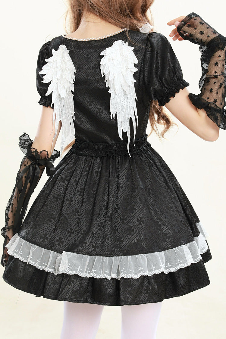 Night Alley Angel Lapel Collar Short Sleeves Jacquard Ruffled Lace Gothic Lolita Dress - Black