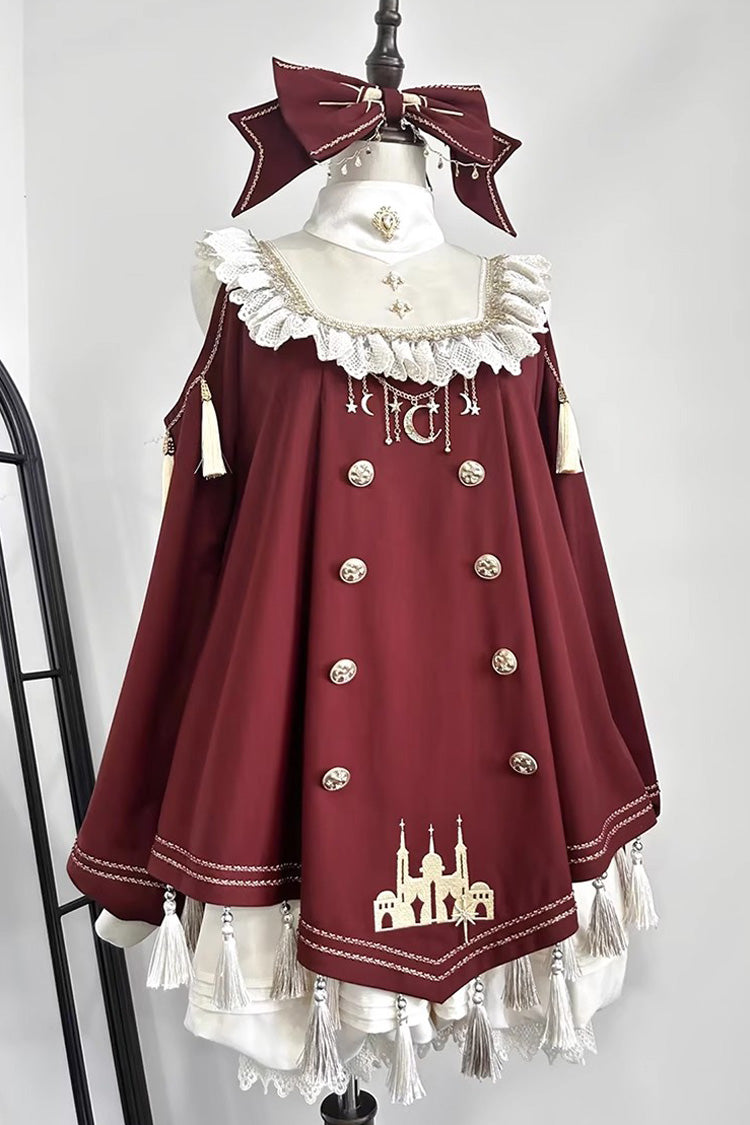 Crimson Starry Night Gown with Ruffled Sleeves and Embroidery