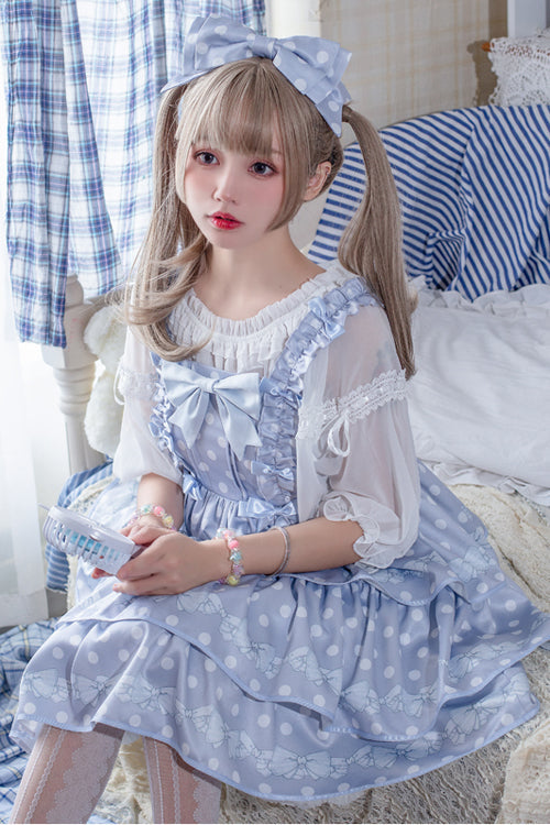 High Waist Polka Dot JSK Dress with Multi-Layer Ruffles