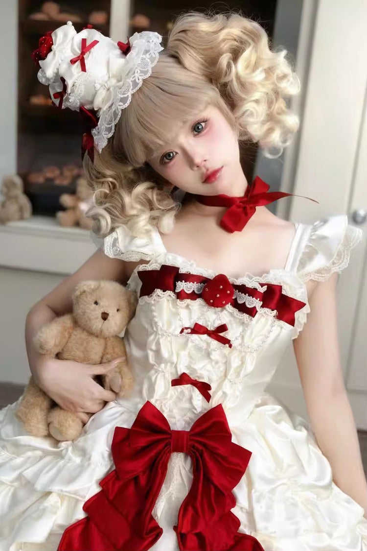 Sweet Apricot Square Collar Sleeveless Layered Ruffle Embroidered Bow Lolita JSK