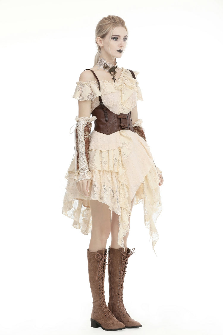 Beige Irregular Multi-Layer Ruffled Lace Steampunk Vintage Dress