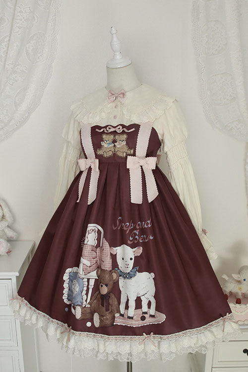 Wine Sheep & Bear Print Alice Girl Bow Ruffled Sweet Lolita JSK Dress - Altfashion Shop