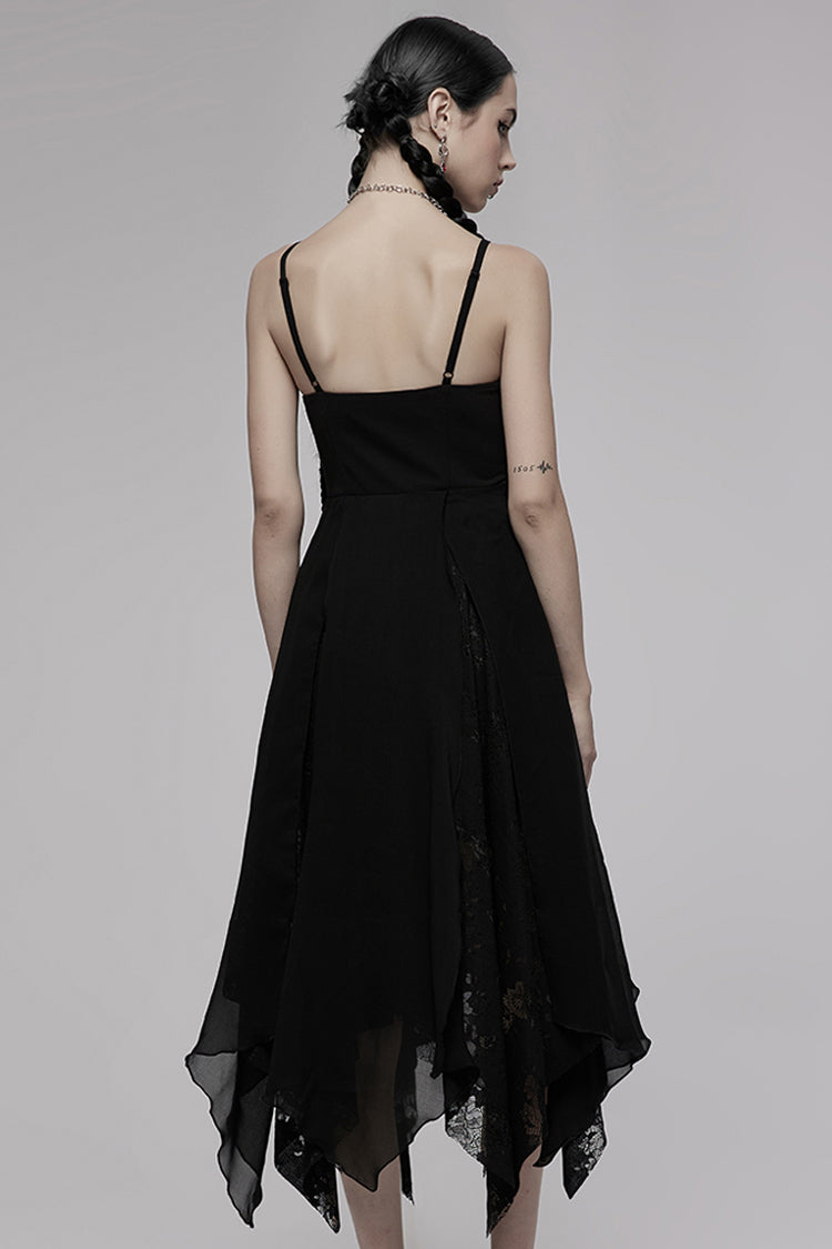 Double-Layer Chiffon Lace Irregular Hem Sling Sleeveless Gothic Dress