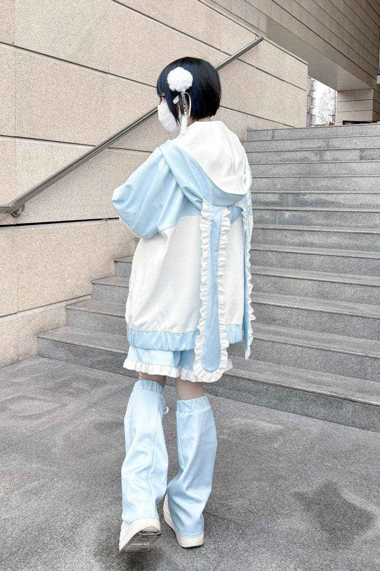 Ivory and Blue Bunny-Eared Hooded Ruffle Jacket - Jirai Style
