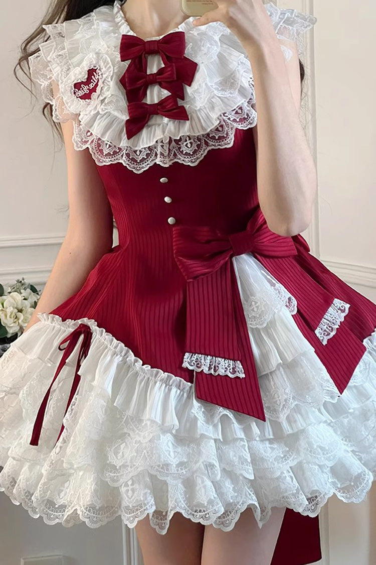 Red Asymmetric Lace Bow Sleeveless Multi-Layer Ruffle Sweet Lolita Dress - Miss Tsundere