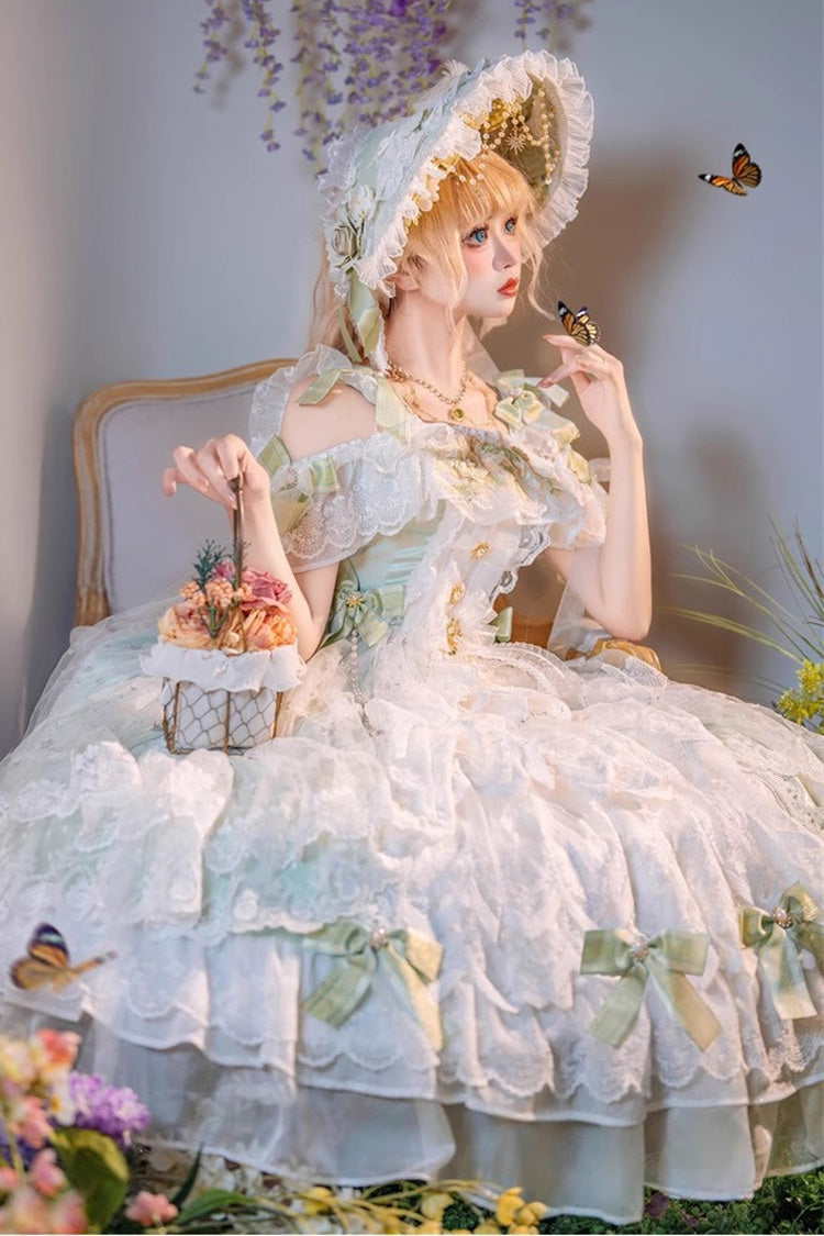 Glazed Phantom Off Shoulder Ruffle Hanayome Bow Lace Elegant Lolita Dress in Green