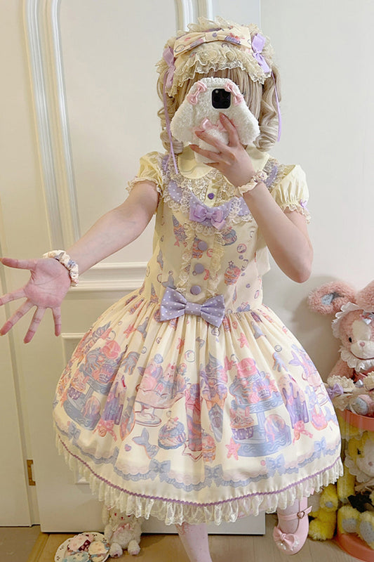 Cream Soda Mermaid Print Yellow Bow Lace Sweet Lolita Strap Dress