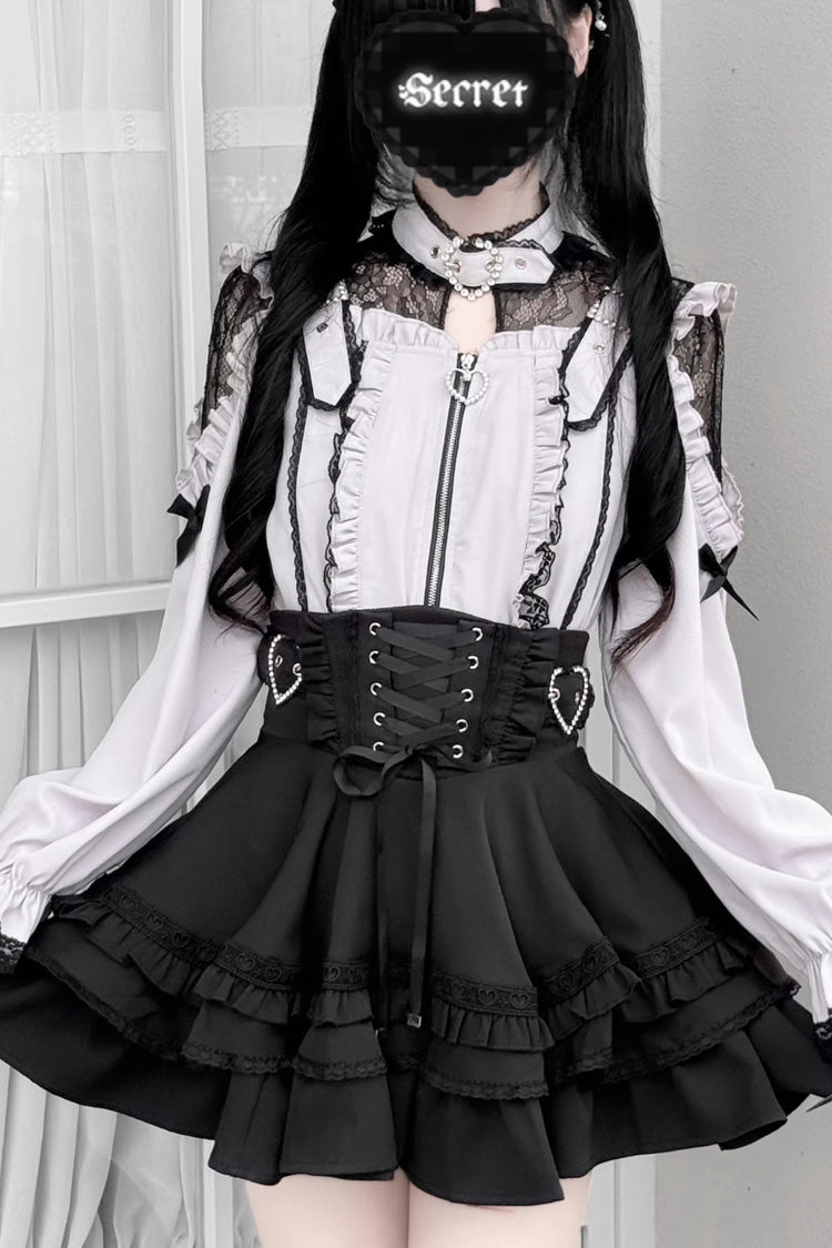 Stand Collar Sleeveless Ruffled Lace-Up Skirt and Blouse Set