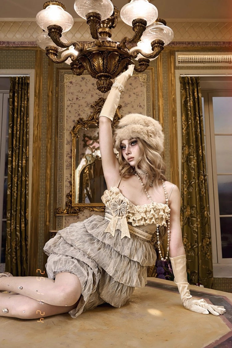 Beige Slavic Noble Lady Sleeveless Multi-Tiered Ruffled Bow Sweet Elegant Lolita Jumper Dress