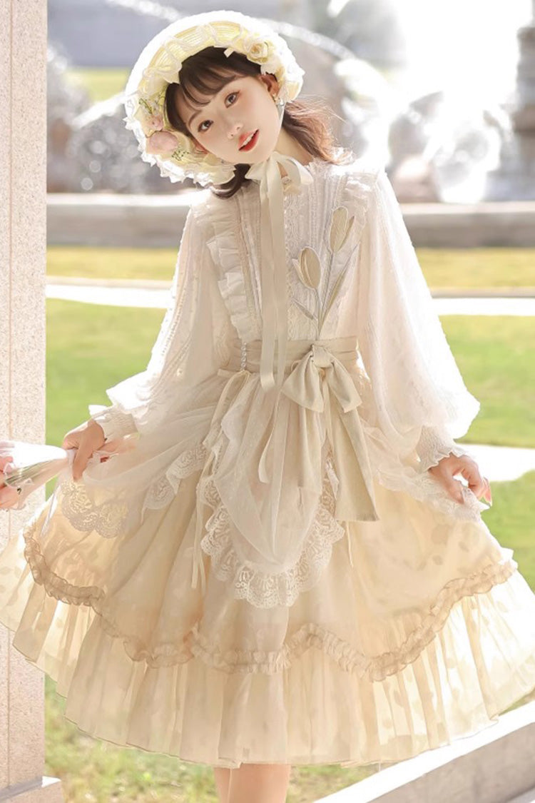 Ivory Mandarin Collar Long Sleeve Print Ruffled Sweet Lolita Gown