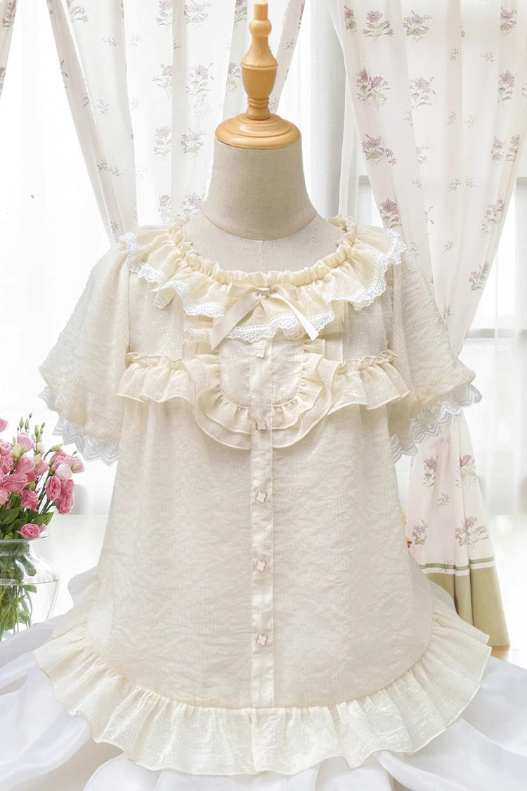 Elegant Round-Collar Ruffle Short-Sleeve Chiffon Blouse in Two Tones