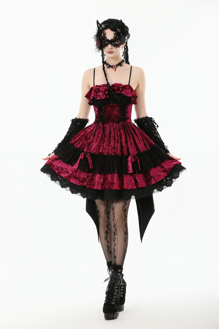 Wine Red Corset Lace-Up Velvet Irregular Tail Lolita Gothic Mini Dress