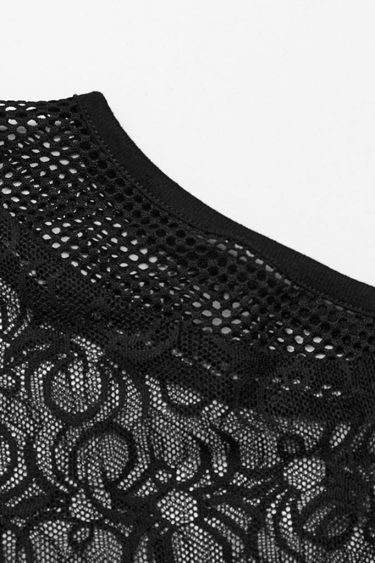 Sleeveless Lace Mesh Sheer Steampunk Bodysuit with Print
