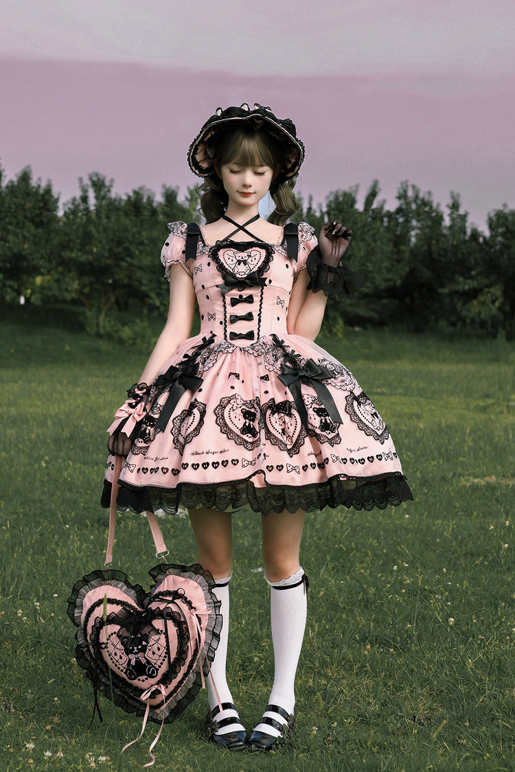 Pink Square Neck Short Sleeve Embroidered Bow Sweet Dress with Bow Train - Sugar Bear