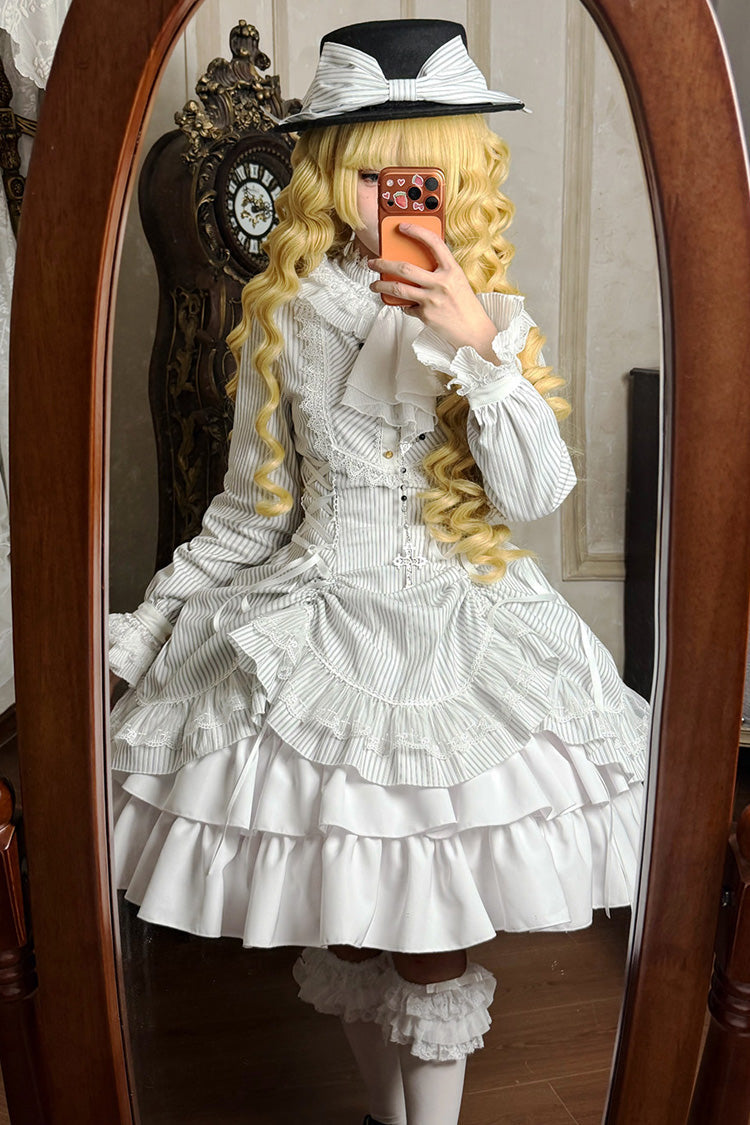 Ivory Manor Point High Collar Long Sleeve Striped Ruffle Hem Gothic Gown