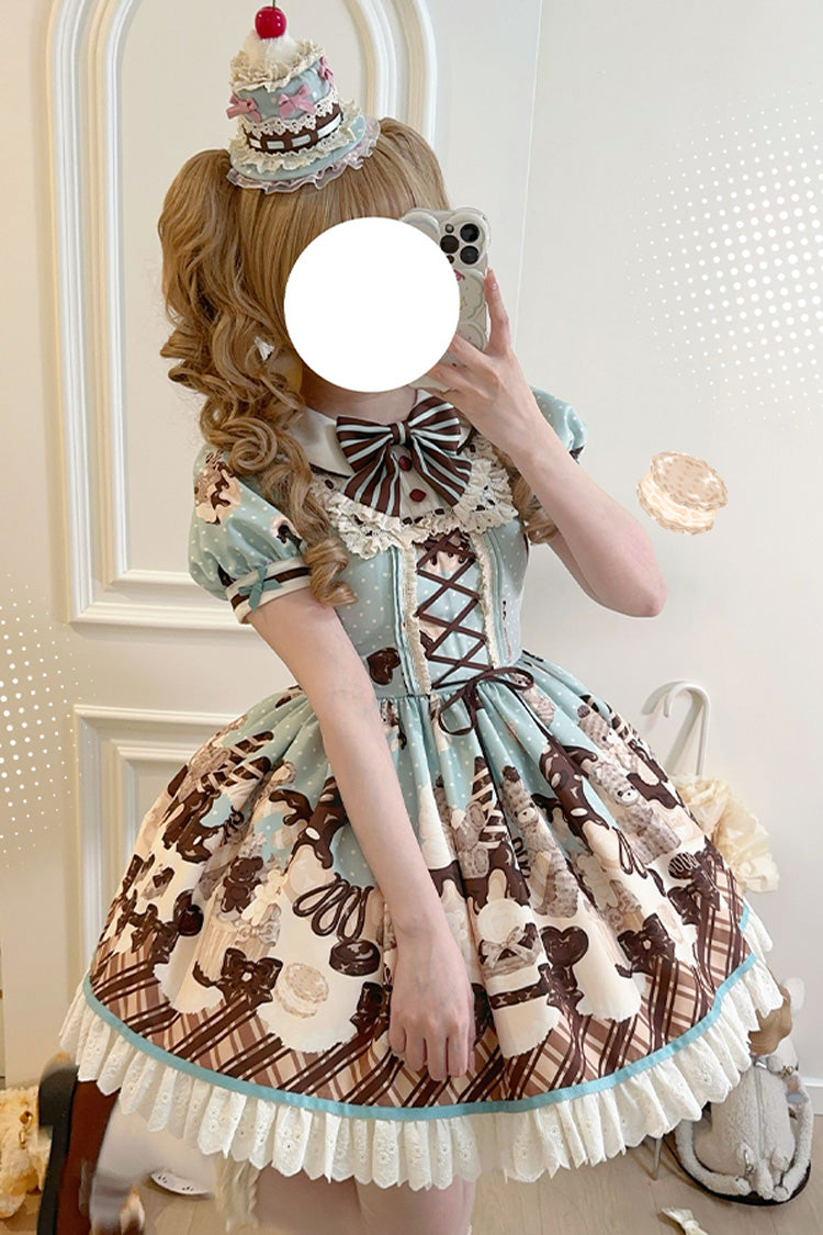 Brown Chocolate Cake Bear Print Ruffled Bow Lace-Up Sweet Dress - Peppermint Chocolate