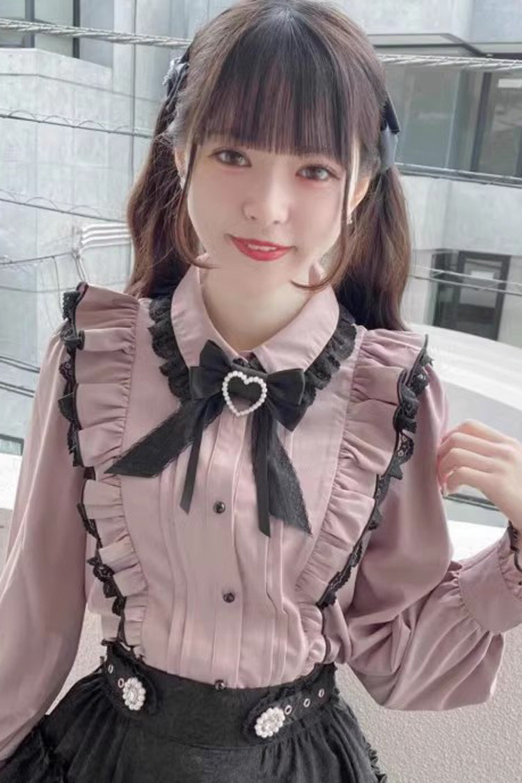 Pink Lace Bowknot Blouse with Doll Collar and Long Sleeves