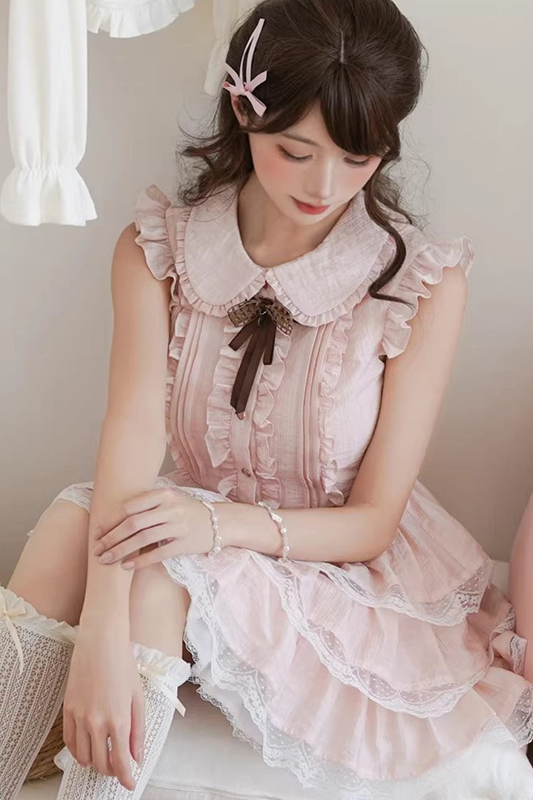 Pink Triple-Ruffle Lace Dress with Bow Accent