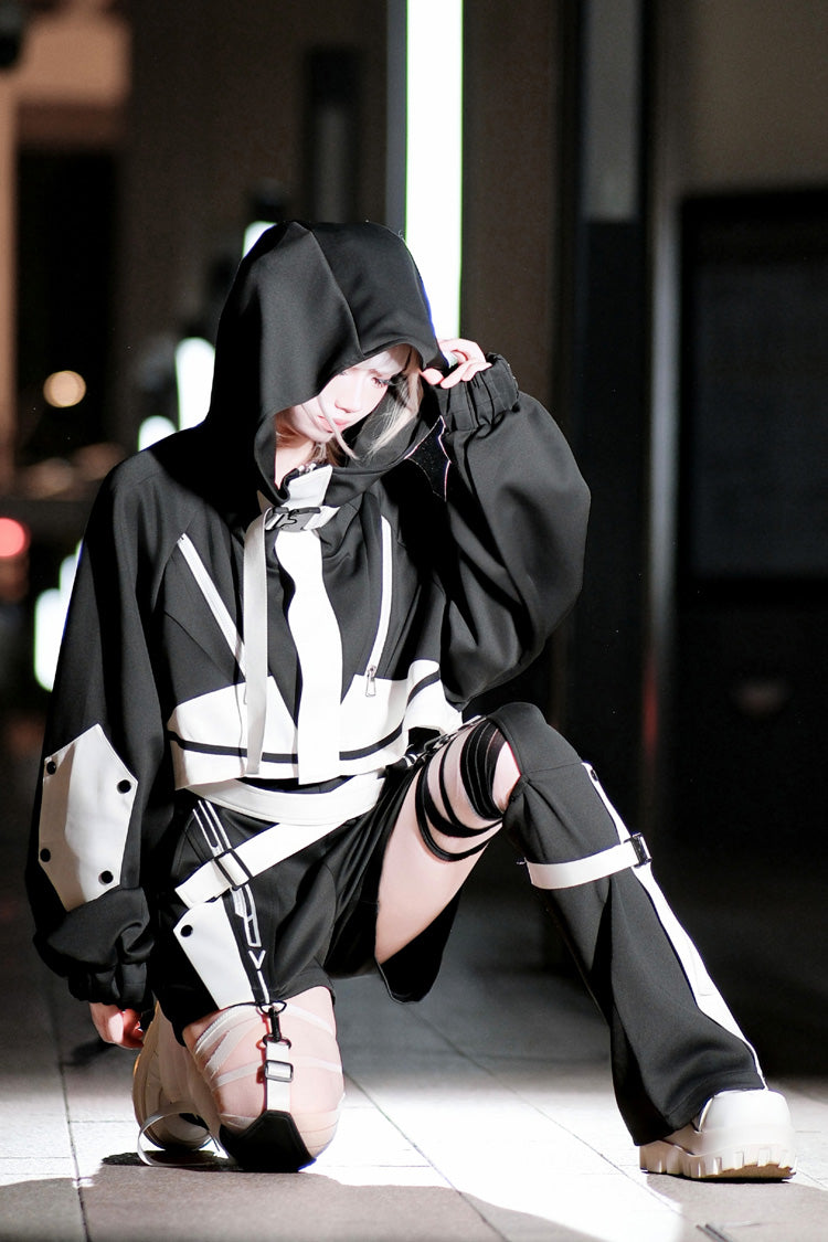 Black/White Zero-Type Transformation Techwear Long Sleeves Embroidered Hooded Punk Jirai Kei Shorts Coat Set