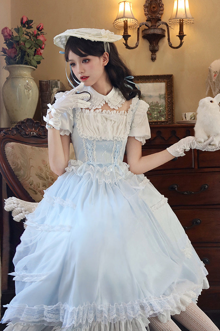 Light Blue Sweet Dress Set with Square Collar and Ruffles