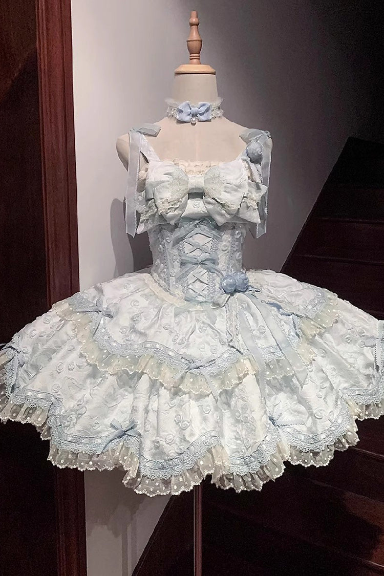 Blue Double-Layered Ruffled Embroidered Bow Lace Sweet JSK - Floral Overture