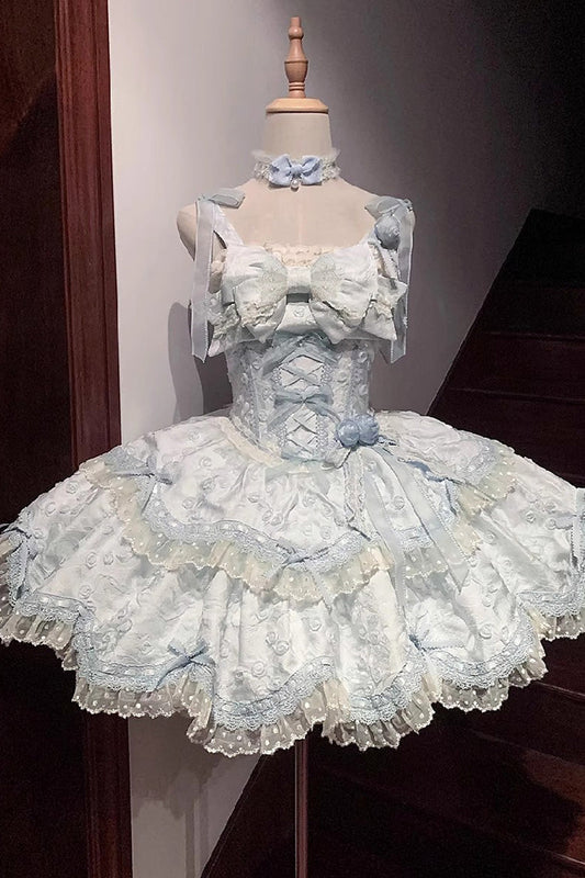 Blue Double-Layered Ruffled Embroidered Bow Lace Sweet JSK - Floral Overture