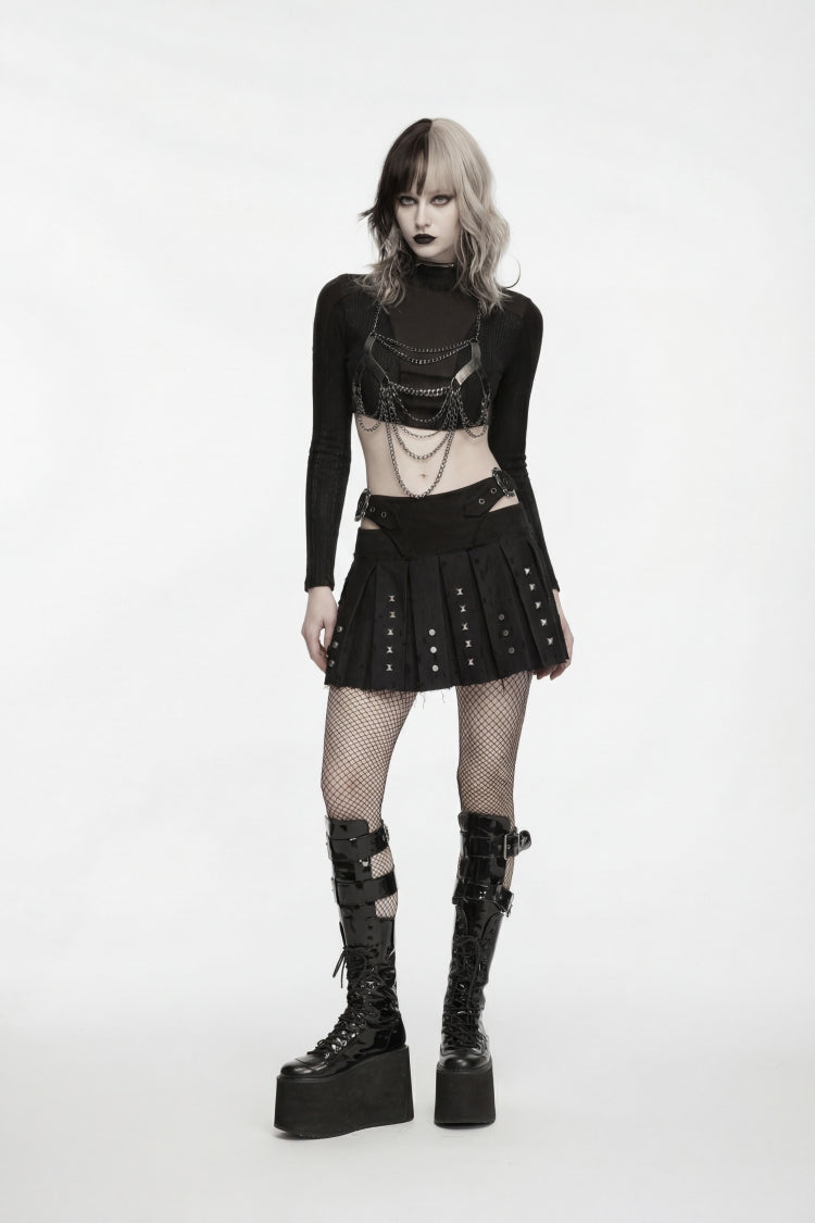 Studded Pleated Preppy Punk Skirt for Women