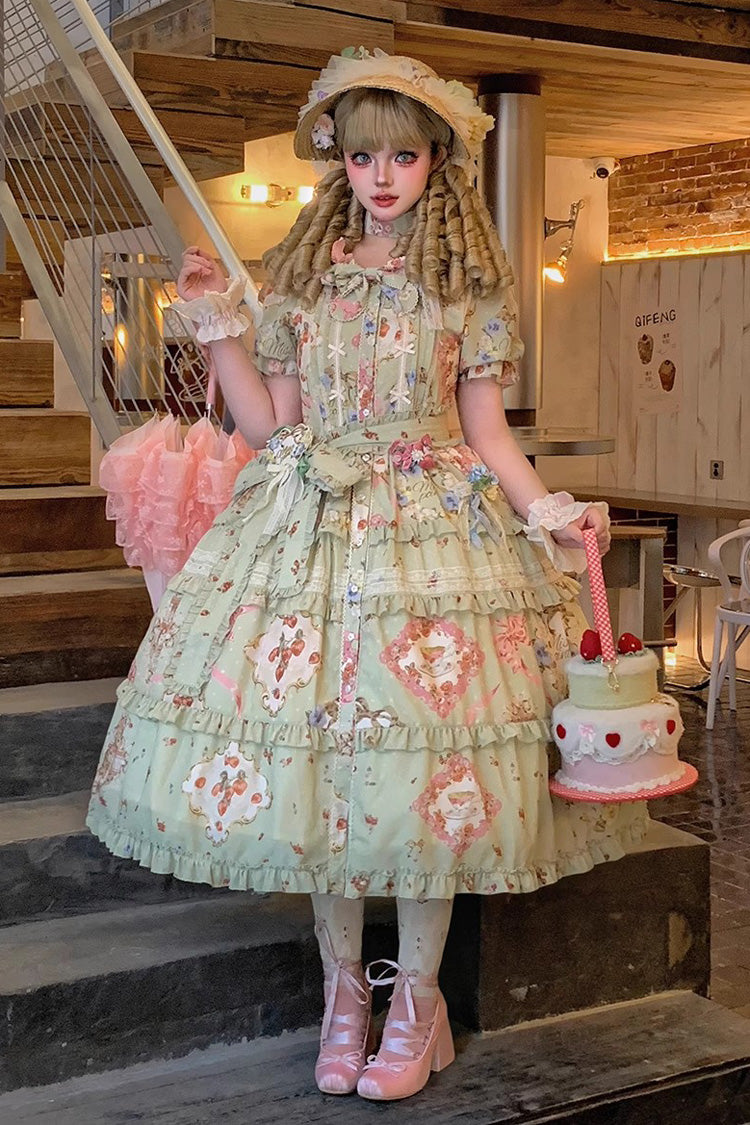 Green Short Sleeve Print Ruffle Cardigan Daily Sweet Dress