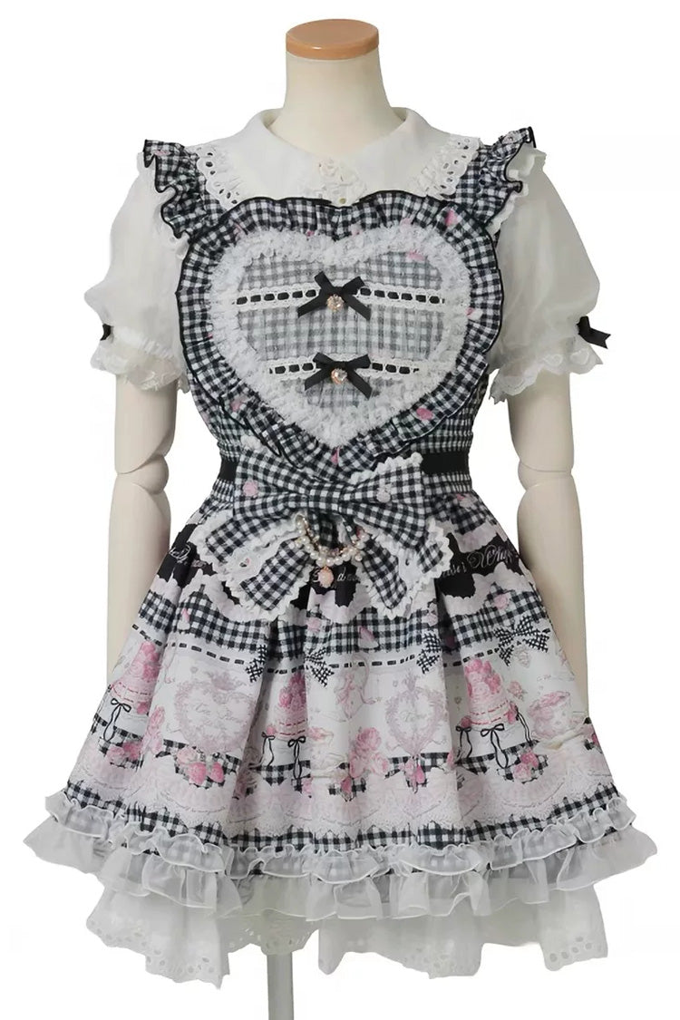 Lapel Collar Bow Print Short Sleeve Plus Size Jirai Dress in Three Colors
