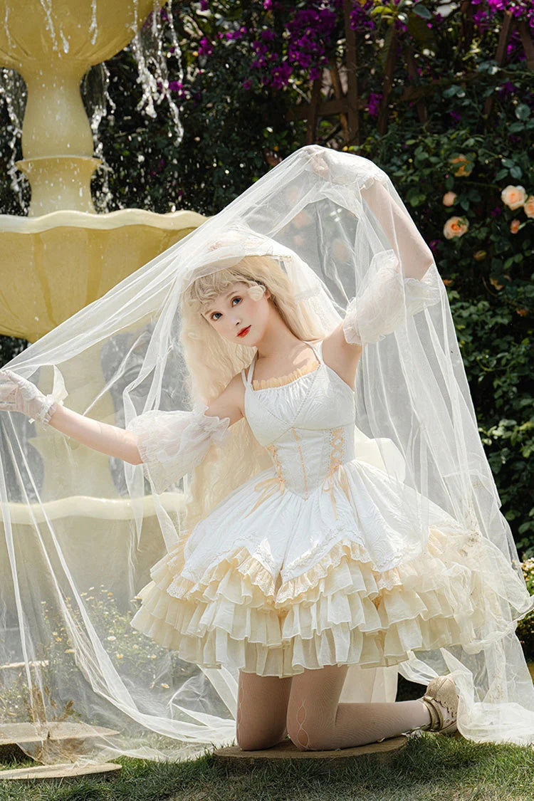 White Slim Ballet Multi-Layer Ruffle Sweet Elegant Princess Lolita Jsk Dress